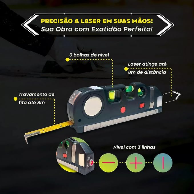 Nível a Laser Profissional Trena Level – Laser Cruzado, Bolha e Régua Integrada - LojaFerru