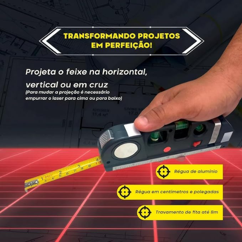 Nível a Laser Profissional Trena Level – Laser Cruzado, Bolha e Régua Integrada - LojaFerru