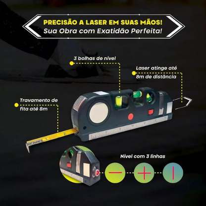 Nível a Laser Profissional Trena Level – Laser Cruzado, Bolha e Régua Integrada - LojaFerru