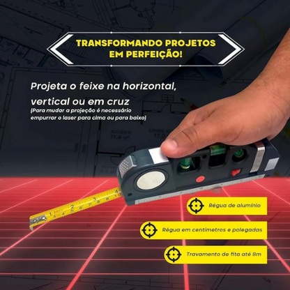 Nível a Laser Profissional Trena Level – Laser Cruzado, Bolha e Régua Integrada - LojaFerru